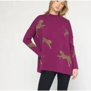 Entro Knit Sweater with Side Slit Purple Leopard Print L NWT